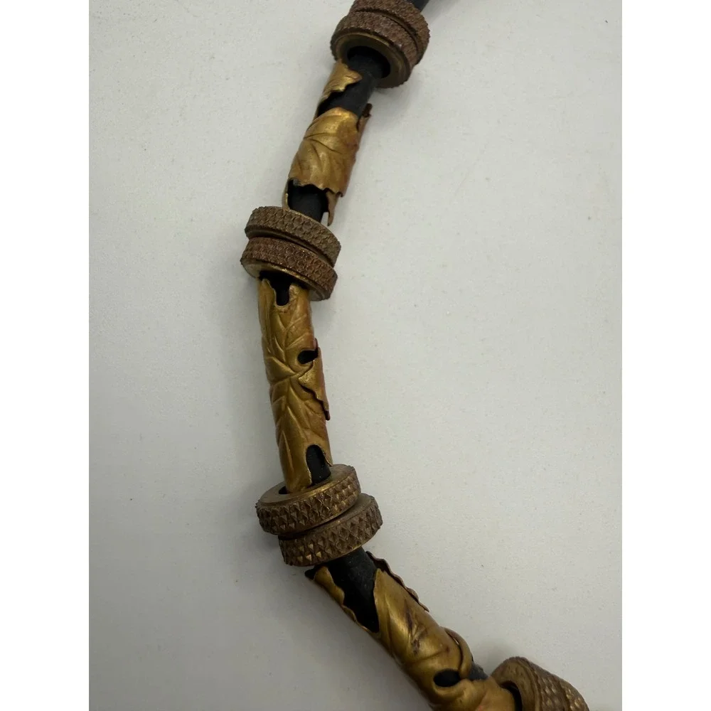 Vintage Gold‎ Tone Leaf Filigree Black Cord Choker Necklace Knurled Bead Accents